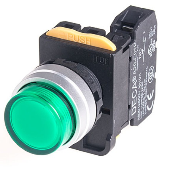 A204L-M2E10Q4G Push-Button, Illuminated, Momentary 1x NO, Green LED, 24v-ac/dc
