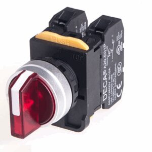 A204F-3E20Q4R Selector Switch, Illuminated, 3 Position, Metal Bezel, Maintained, 2x NO, RED LED, 24v-ac/dc