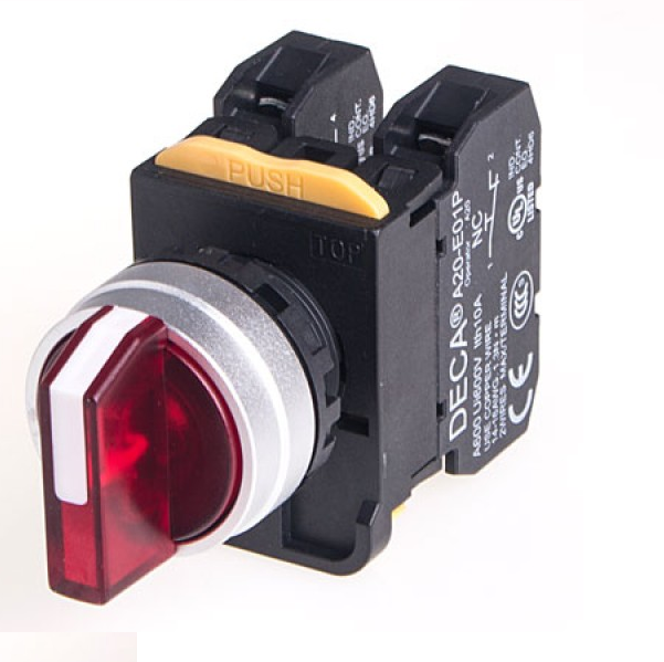 A204F-3E20Q4R Selector Switch, Illuminated, 3 Position, Metal Bezel, Maintained, 2x NO, RED LED, 24v-ac/dc