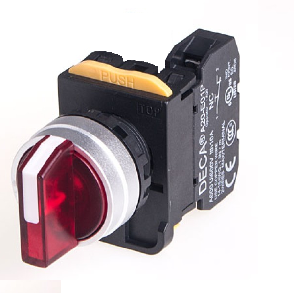 A204F-2E10QHR Selector Switch, Illuminated, Metal Bezel, Maintained, 2 Position, 1x NO, Red LED, 110v-ac/dc