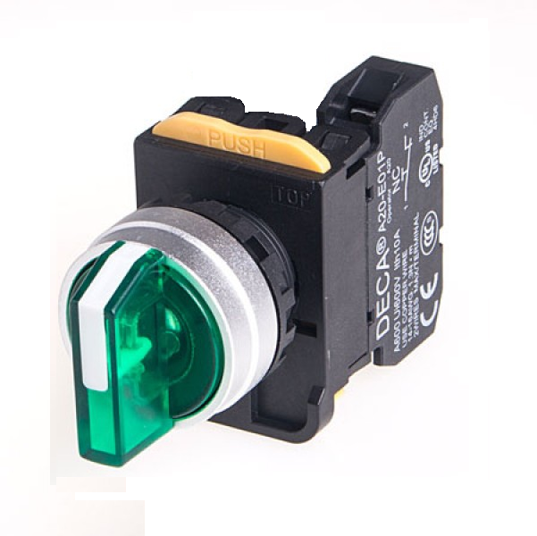 A204F-2E10QHG Selector Switch, Illuminated, Metal Bezel, Maintained, 2 Position, 1x NO, Green LED, 110v-ac/dc