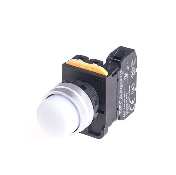 A204L-M2E10Q4W Push-Button, Illuminated, Momentary 1x NO, White LED, 24v-ac/dc