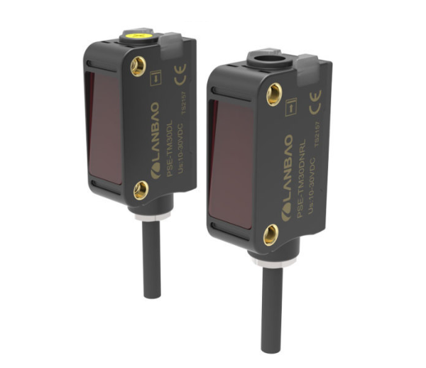 PSE-TM30DPRL Sensor Photo, Through beam (Emitter+Reciever), PC+ABS, Range 30m, Small square, Red laser, DC10-30V PNP, NO+NC, 2m cable, cULus
