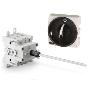 DS0633BAK6 Non-Fusible disconnect switch. 3 poles, 63amp, base mount, 2 screws or din-rail, Grey plate 67x67mm, Black knob. Padlockable