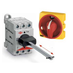 DS0403BAL6 Non-Fusible disconnect switch. 3 poles, 40amp, din-rail (base) mount, c/w thru-door shaft, Yellow  plate 67x67mm, Red knob. Padlockable.