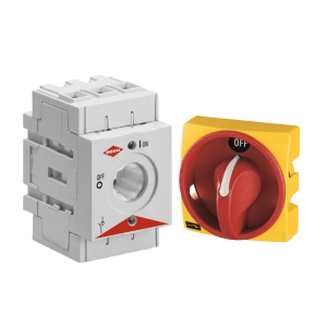 DS0403RRL6 Non-Fusible disconnect switch. 3 poles, 40amp, rear mount, 2 screws, Yellow  plate 67x67mm, Red knob. Padlockable