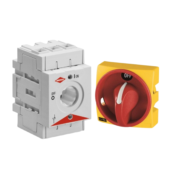 DS0403RRL6 Non-Fusible disconnect switch. 3 poles, 40amp, rear mount, 2 screws, Yellow plate 67x67mm, Red knob. Padlockable