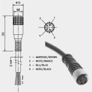 1291070 C8 G3  Fem. Conn. Cable, 3 m, with M8 4-pole Straight Conn.
