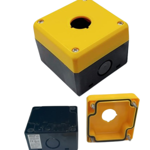AB1W-111Y-Button-Box DECA cULus 1 HOLE 22mm, E-Stop Box, Black Base, Yellow Cover